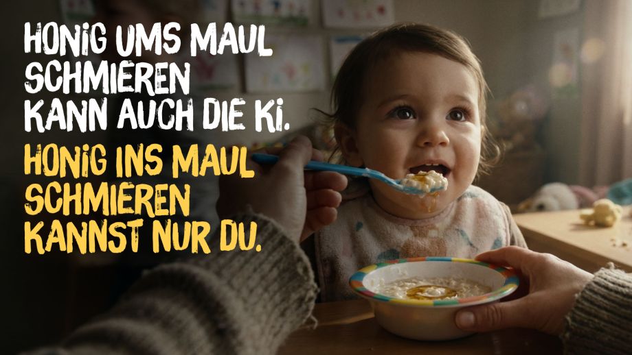 Kampagnenmotiv: Ein Kleinkind wird mit einem Löffel gefüttert. Text: Honig ums Maul schmieren kann auch die KI. Honig ins Maul schmieren kannst nur du.